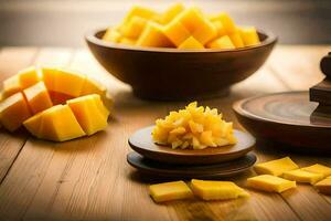 mango slices and a wooden bowl on a table. AI-Generated photo