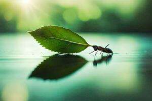 un pequeño insecto es en pie en un hoja. generado por ai foto