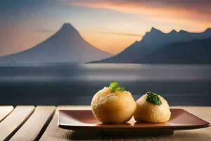 two food items on a plate with mountains in the background. AI-Generated photo