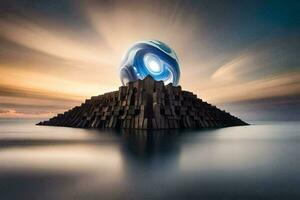 a blue sphere sitting on top of a pile of rocks. AI-Generated photo