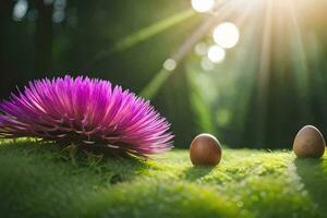 eggs on the grass with purple flower. AI-Generated photo