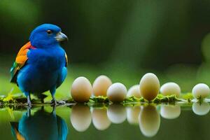 a colorful bird sits on the edge of a pond surrounded by eggs. AI-Generated photo