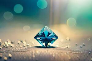 a diamond is sitting on a table with water droplets. AI-Generated photo