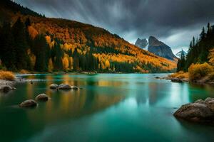 el montañas y lago son rodeado por arboles generado por ai foto