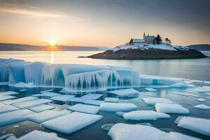 ice floes in the water with a church in the background. AI-Generated photo