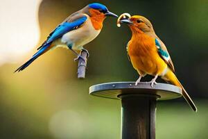 two birds are sitting on top of a bird feeder. AI-Generated photo