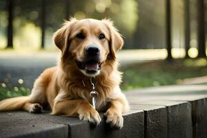 a golden retriever sitting on a brick wall. AI-Generated photo