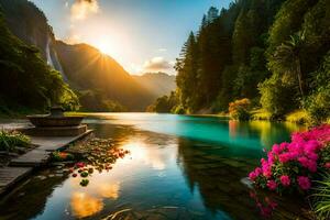 beautiful landscape with flowers and water at sunset. AI-Generated photo