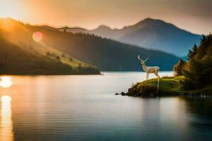 a deer stands on a small island in the middle of a lake at sunset. AI-Generated photo