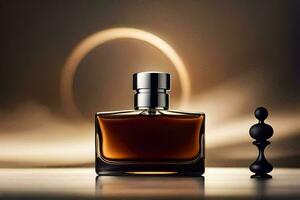a bottle of perfume sitting on a table. AI-Generated photo
