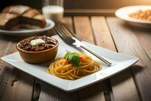 spaghetti with meat sauce and bread on a wooden table. AI-Generated photo