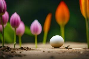 photo wallpaper the sky, flowers, tulips, the ground, the egg, the white,. AI-Generated