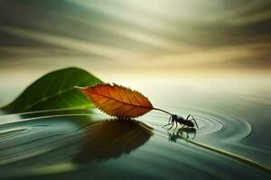 a leaf and a bug on the water. AI-Generated photo