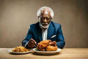 un más viejo hombre en un traje comiendo un pollo y papas fritas generado por ai foto