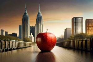 un manzana es sentado en un puente en frente de un ciudad. generado por ai foto