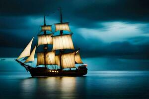 a tall ship sailing in the ocean at night. AI-Generated photo