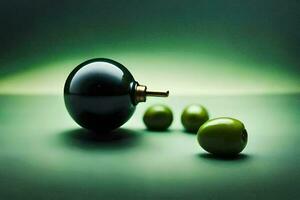 a green olive and a black object on a table. AI-Generated photo