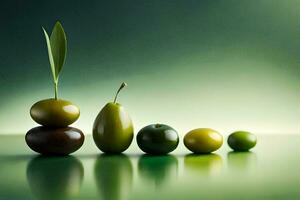 un fila de verde aceitunas y un verde manzana. generado por ai foto