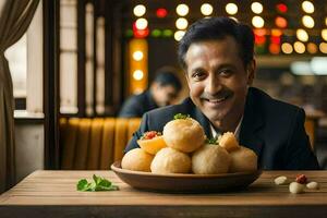 a man in a suit sitting at a table with a bowl of food. AI-Generated photo