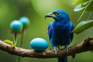 a blue bird sits on a branch with a blue egg. AI-Generated photo
