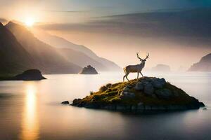 a deer stands on a rock in the middle of a lake. AI-Generated photo