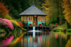 a gazebo sits on the edge of a pond surrounded by colorful flowers. AI-Generated photo