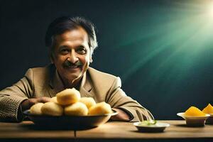 a man sitting at a table with some food. AI-Generated photo