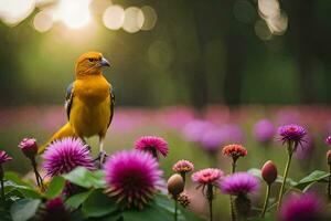 un amarillo pájaro es en pie en parte superior de un flor. generado por ai foto