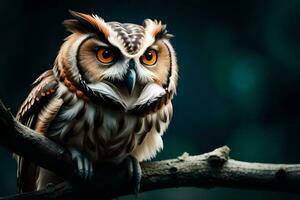 an owl is sitting on a branch with dark background. AI-Generated photo