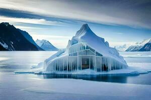 a house made of ice in the middle of a lake. AI-Generated photo