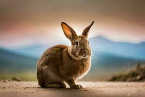a rabbit sitting on the ground in front of a mountain. AI-Generated photo