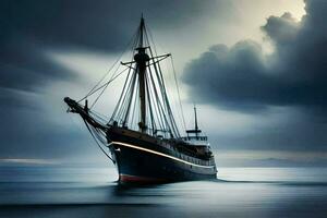 un barco en el Oceano debajo un Tormentoso cielo. generado por ai foto