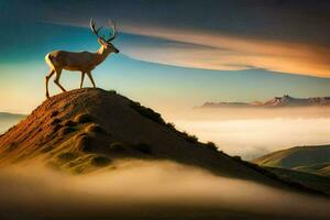 the deer is standing on the top of a mountain in the fog. AI-Generated photo