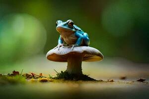 a blue frog sits on top of a mushroom. AI-Generated photo