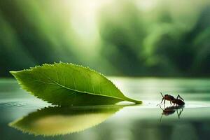 un pequeño hormiga es sentado en un hoja en el agua. generado por ai foto