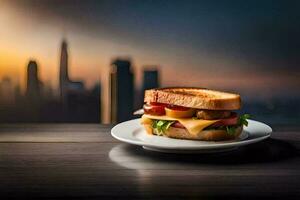 the sandwich is on a plate with a cityscape in the background. AI-Generated photo