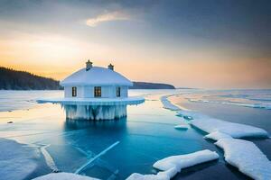 a house on the ice in the middle of the water. AI-Generated photo