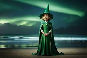 a woman in green dress standing on the beach with a green hat. AI-Generated photo