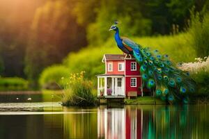 a peacock sits on top of a house in the middle of a lake. AI-Generated photo