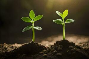 dos joven plantas creciente en el suciedad. generado por ai foto