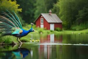 a peacock is standing on the edge of a pond. AI-Generated photo