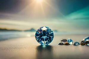 a blue diamond sits on the beach with a sun shining in the background. AI-Generated photo