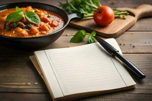 un cuaderno con un bolígrafo y un cuenco de alimento. generado por ai foto