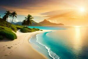 the sun is shining on a tropical beach with palm trees and a clear blue sky. AI-Generated photo