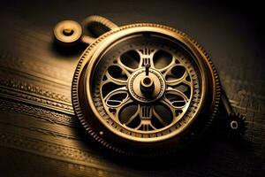 a gold clock on a wooden table. AI-Generated photo