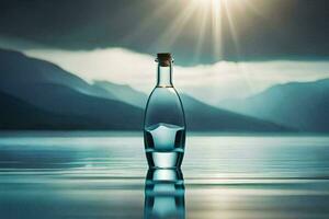 a bottle of water sits on the water with mountains in the background. AI-Generated photo