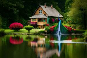 a house with a peacock on the roof and a pond. AI-Generated photo