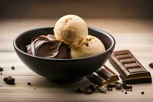 chocolate ice cream in a bowl with chocolate pieces. AI-Generated photo