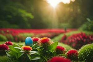 a blue egg sitting on a flower in a field. AI-Generated photo