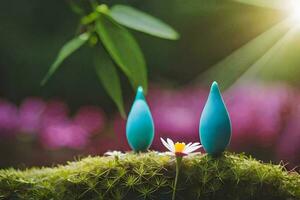 dos azul gotas de lluvia en un cactus planta. generado por ai foto